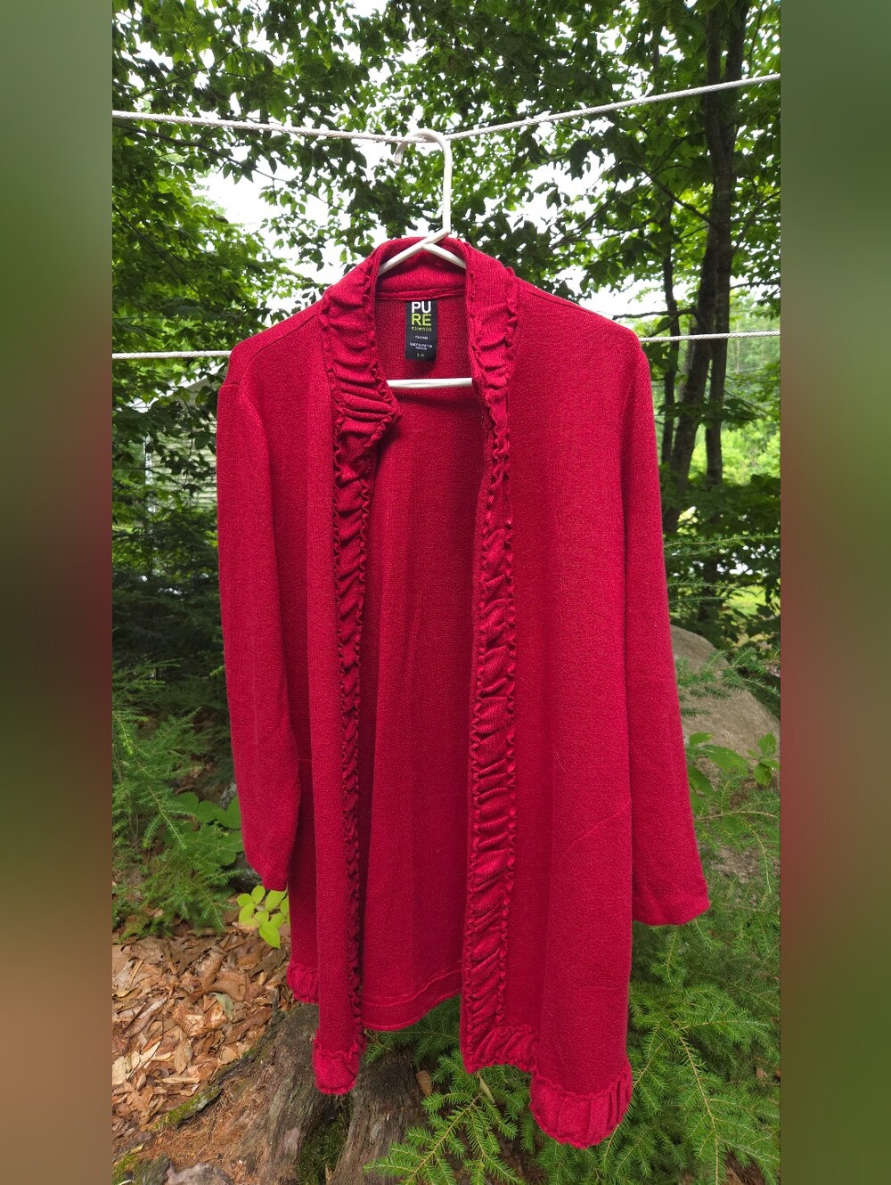 Pure Essence Brand Red Open Cardigan with Ruffle Trim